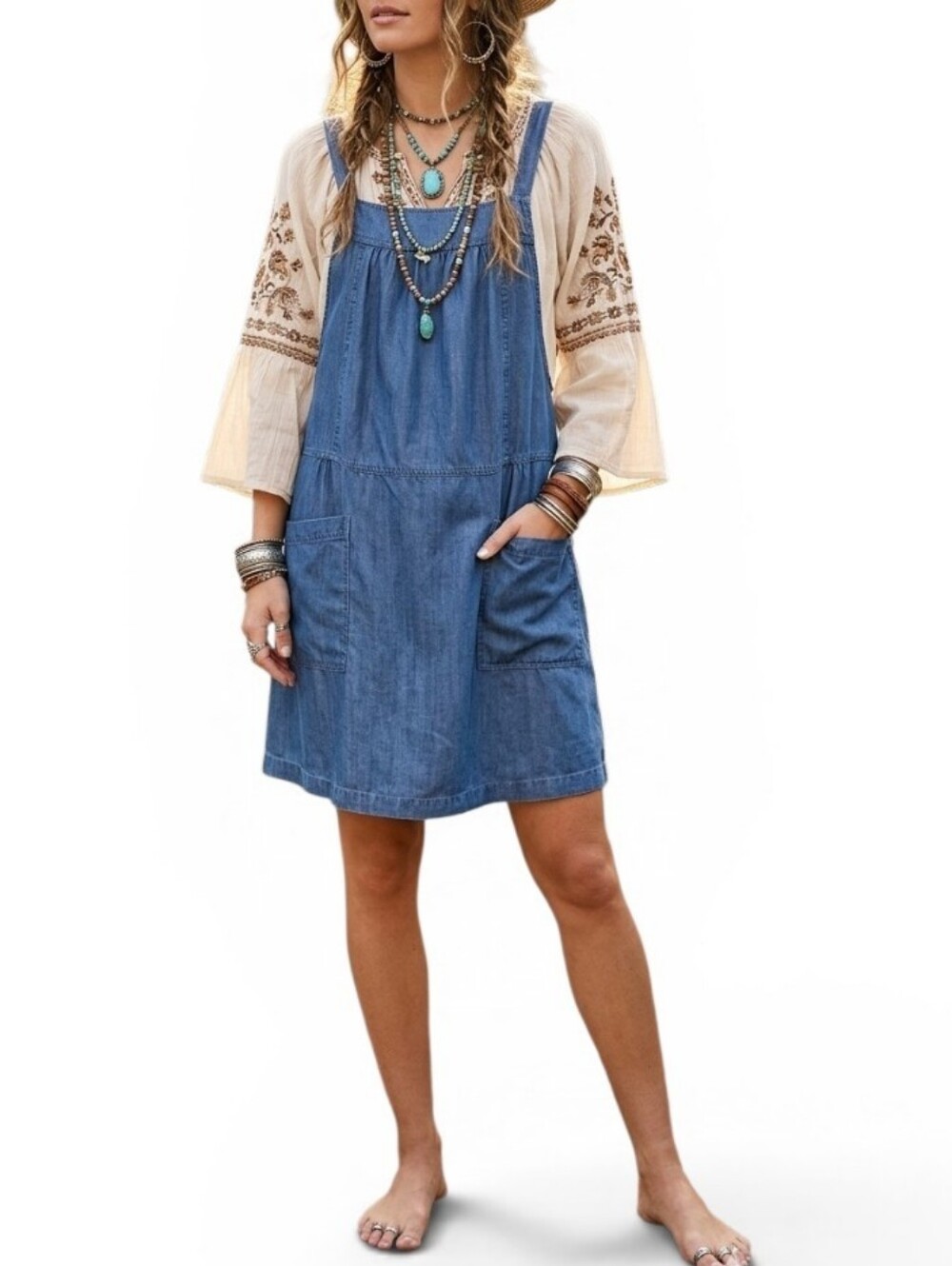 Natural Life Chambray Denim Pinafore Apron Dress Large Boho Cottagecore